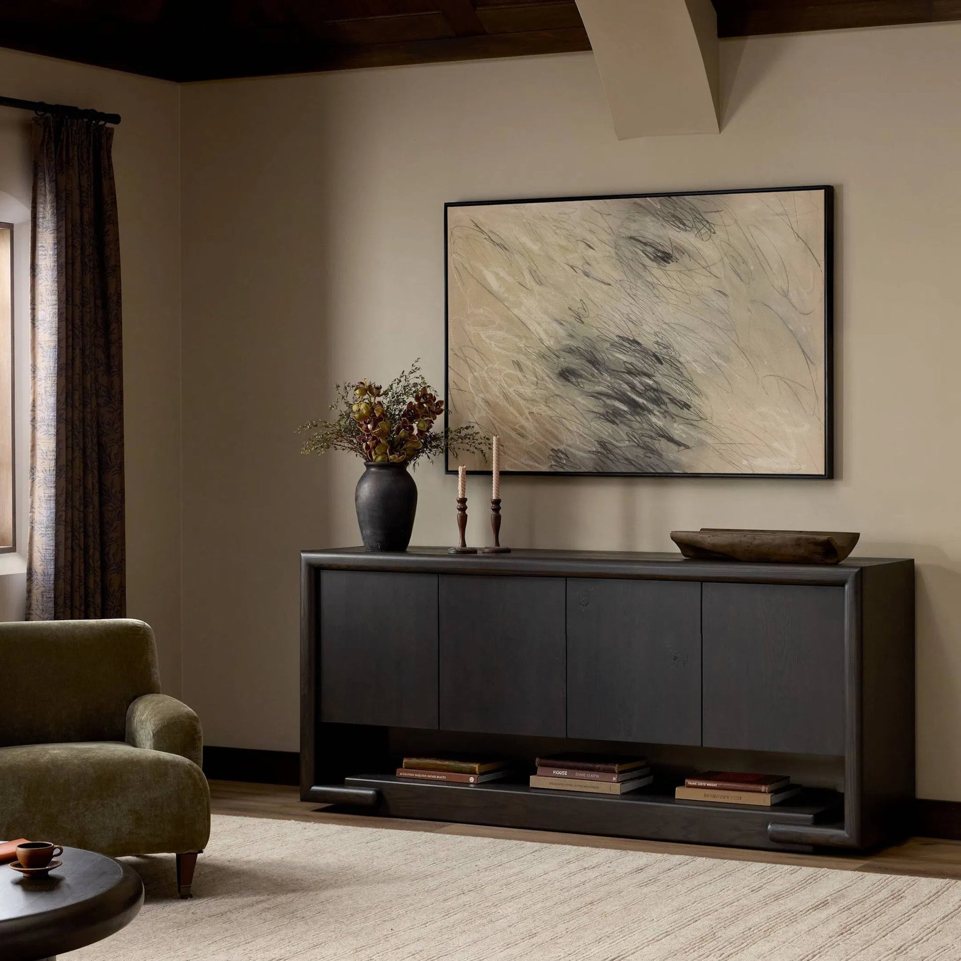 Zaki Sideboard by Four Hands in smoked black veneer, smoked black solid. Made from oak veneer, solid oak in a unique style.