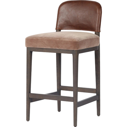 Ryver Stool by Four Hands in monte mushroom, burnt ash, dulane mahogany. Made from 50% viscose, 50% wool, solid ash, top grain leather in a unique style.