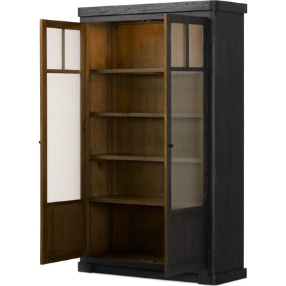 Leopold Cabinet by Four Hands in black hemlock, tempered glass, sandy hemlock. Made from hemlock solid, tempered glass in a unique style.