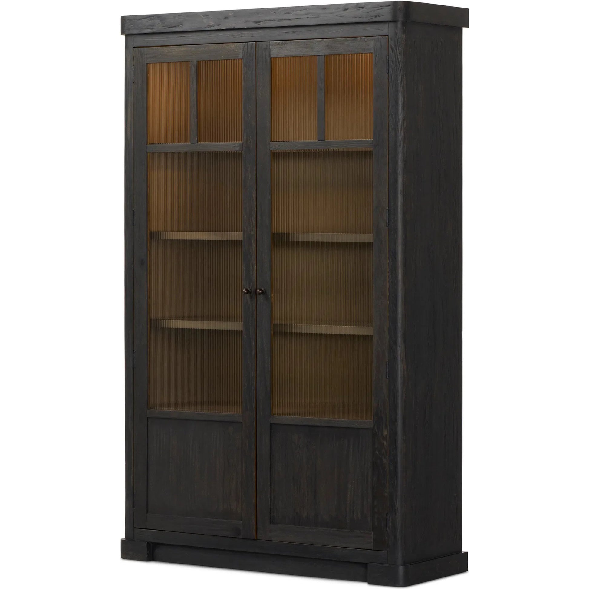 Leopold Cabinet by Four Hands in black hemlock, tempered glass, sandy hemlock. Made from hemlock solid, tempered glass in a unique style.