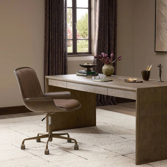 Salta Desk by Four Hands in brown oak thick veneer, brown oak solid. Made from thick oak veneer, solid oak in a unique style.