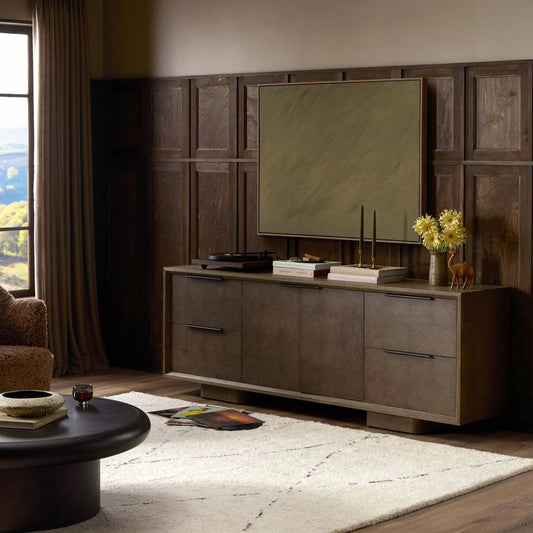 Salta Media Console by Four Hands in brown oak thick veneer, brown oak thin oyster. Made from thick oak veneer, oak veneer, thin oyster cut in a unique style.