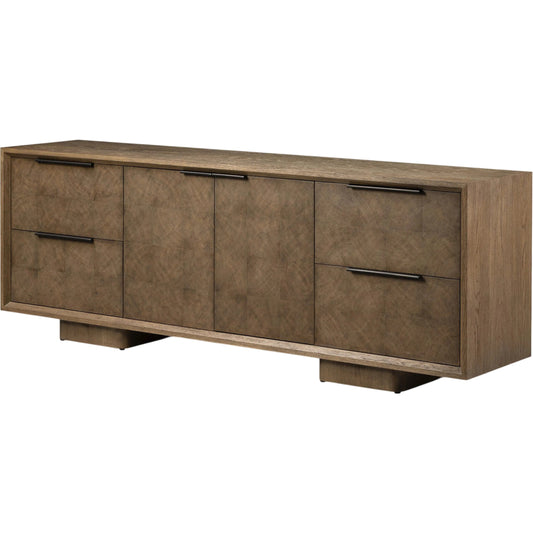Salta Media Console by Four Hands in brown oak thick veneer, brown oak thin oyster. Made from thick oak veneer, oak veneer, thin oyster cut in a unique style.