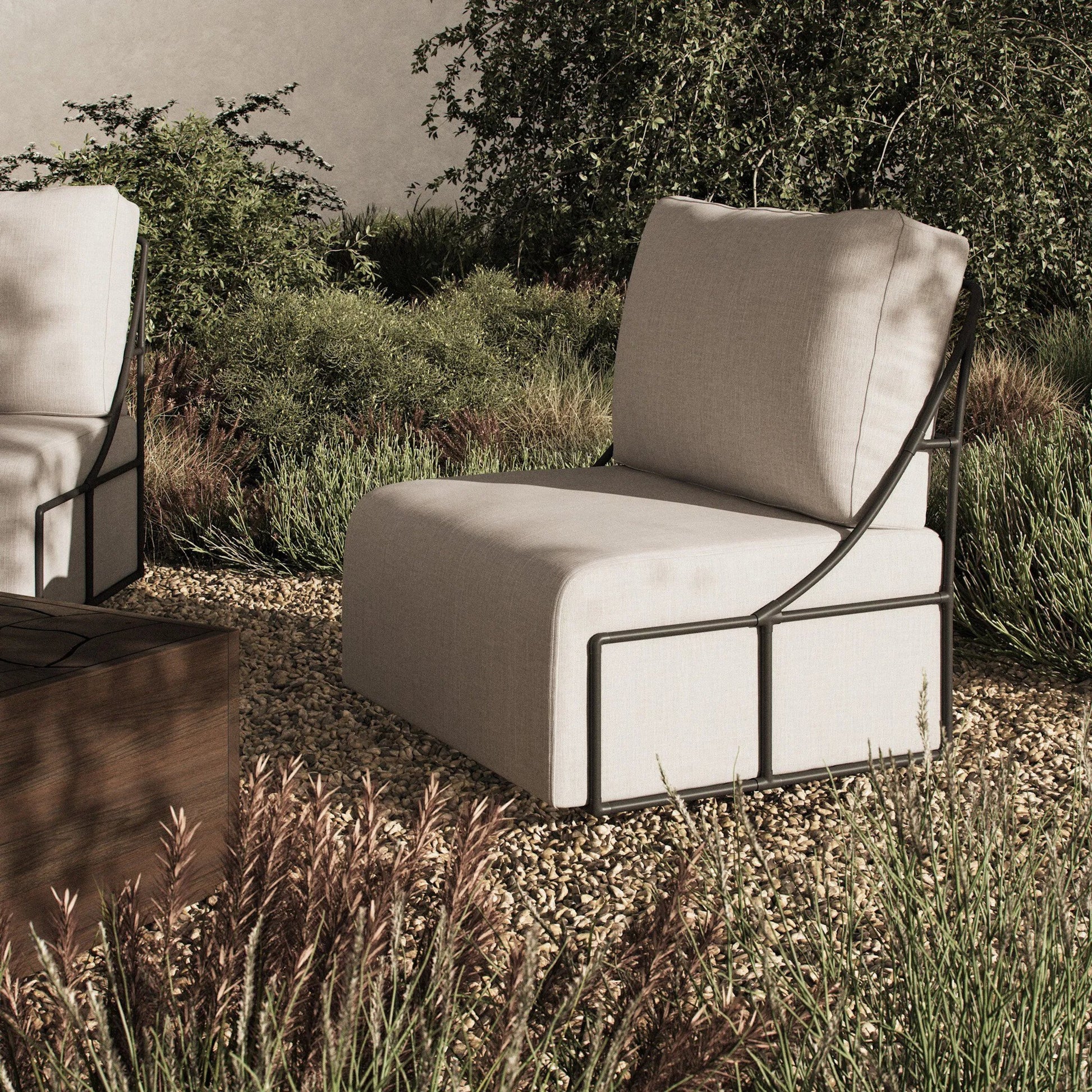 Enola Outdoor Swivel Chair by Four Hands in vergo cream, bronze steel. Made from 100% polyester, steel in a unique style.