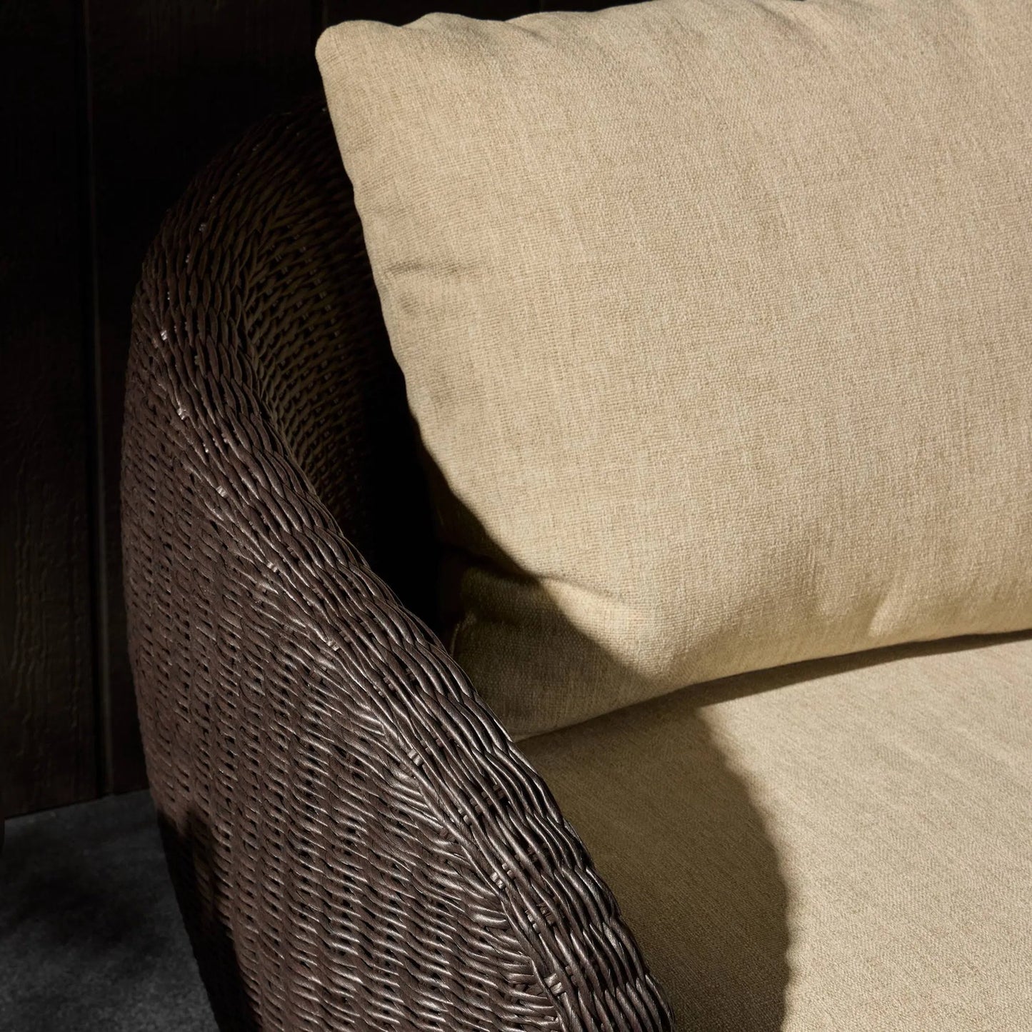 010 SI-2531606 | Closeup | Cyra Outdoor Swivel Chair by Four Hands in alessi buff, java weave. Made from 100% polypropylene, 100% polyethylene in a unique style.