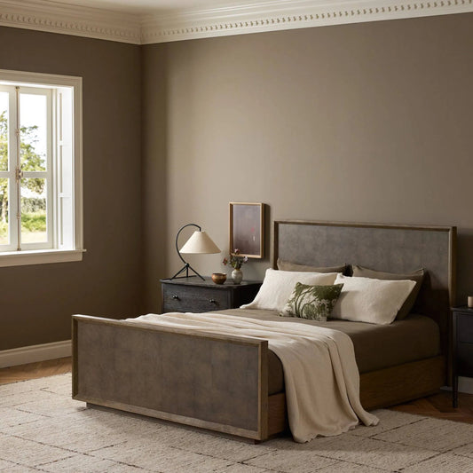 Salta Bed by Four Hands in brown oak thin oyster, brown oak thick veneer. Made from oak veneer, thin oyster cut, thick oak veneer in a unique style.