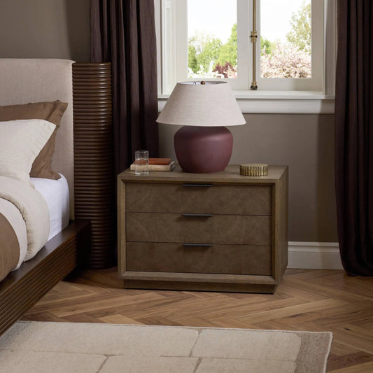 Salta Nightstand by Four Hands in brown oak thin oyster, brown oak thick veneer. Made from oak veneer, thin oyster cut, thick oak veneer in a unique style.
