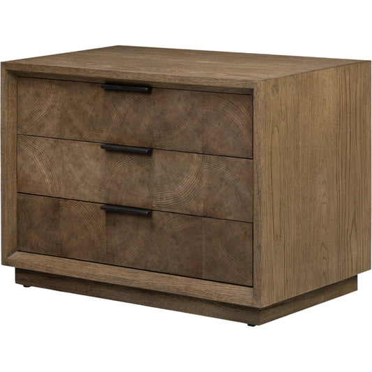Salta Nightstand by Four Hands in brown oak thin oyster, brown oak thick veneer. Made from oak veneer, thin oyster cut, thick oak veneer in a unique style.