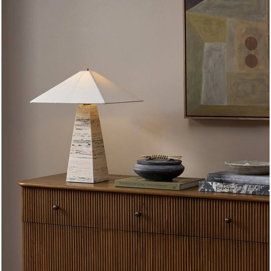 Andros Table Lamp by Four Hands in white travertine, black cord, cream linen. Made from solid travertine, thermoplastic, 60% flax, linen, 40% cotton in a unique style.