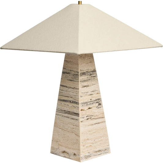Andros Table Lamp by Four Hands in white travertine, black cord, cream linen. Made from solid travertine, thermoplastic, 60% flax, linen, 40% cotton in a unique style.