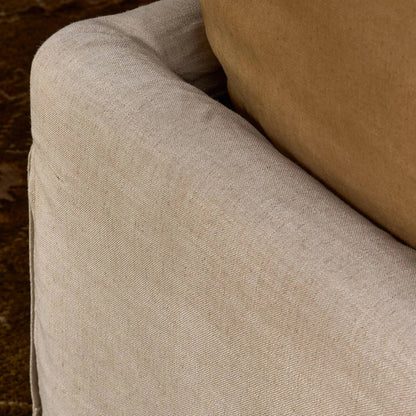 Oasley Slipcover Bed by Four Hands. Made from 61% polyester, 31% viscose (rayon), 8% flax/linen, solid parawood in a unique style.