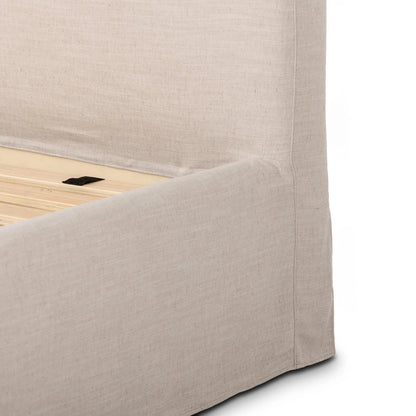 Oasley Slipcover Bed by Four Hands. Made from 61% polyester, 31% viscose (rayon), 8% flax/linen, solid parawood in a unique style.
