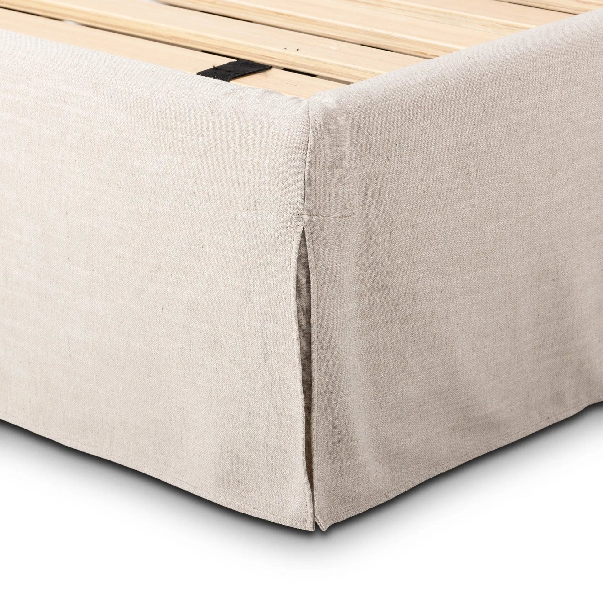 Oasley Slipcover Bed by Four Hands. Made from 61% polyester, 31% viscose (rayon), 8% flax/linen, solid parawood in a unique style.