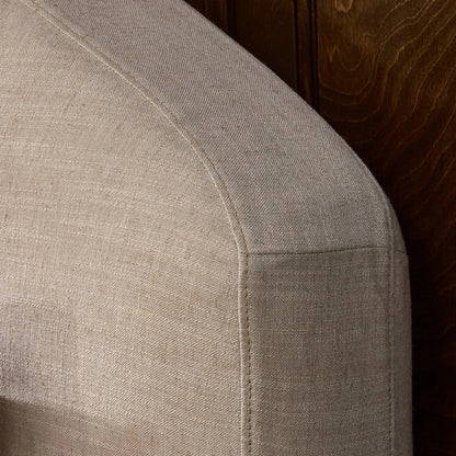 Oasley Slipcover Bed by Four Hands. Made from 61% polyester, 31% viscose (rayon), 8% flax/linen, solid parawood in a unique style.