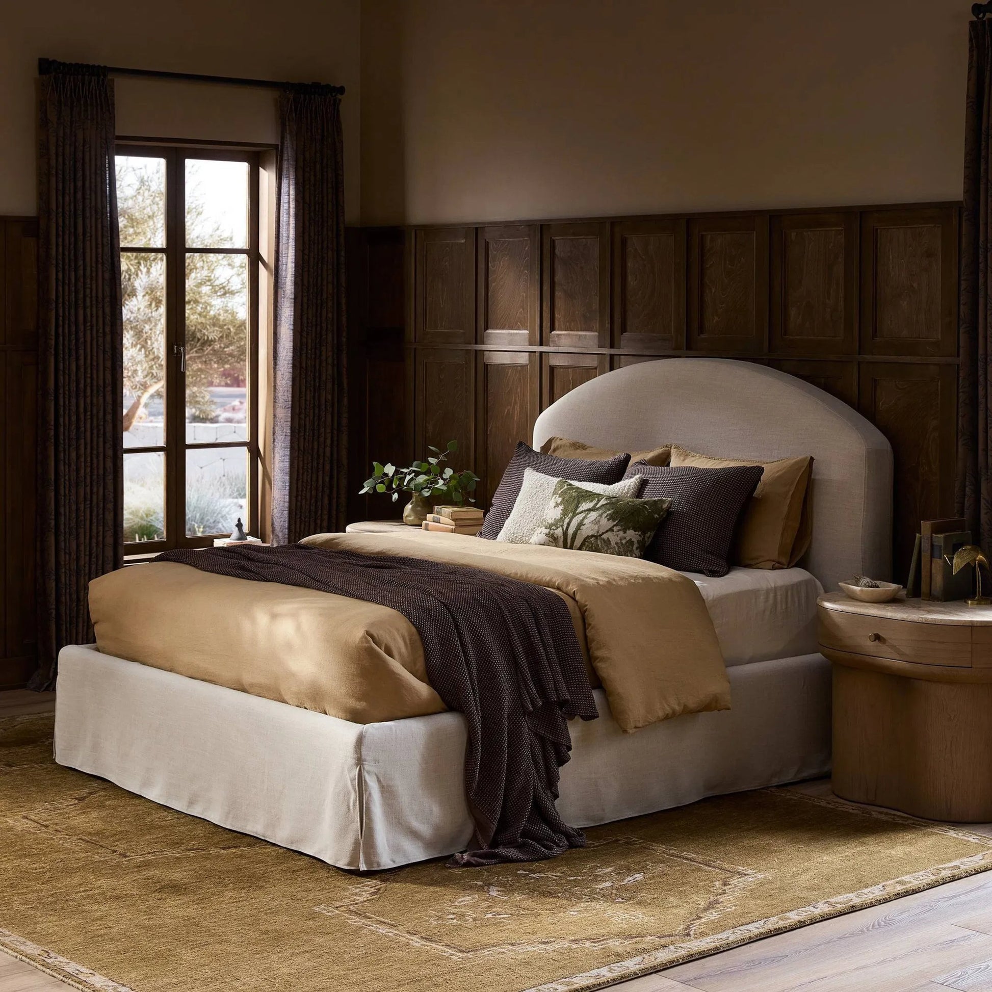 Oasley Slipcover Bed by Four Hands. Made from 61% polyester, 31% viscose (rayon), 8% flax/linen, solid parawood in a unique style.