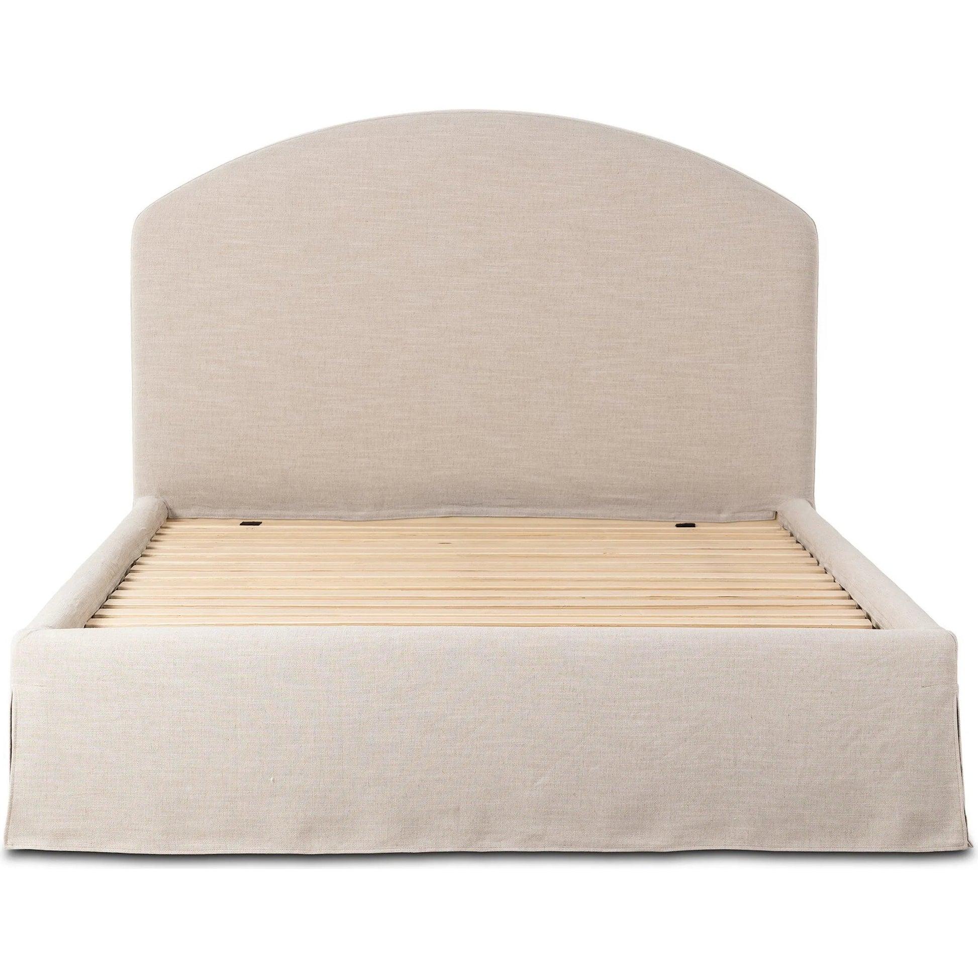 Oasley Slipcover Bed by Four Hands. Made from 61% polyester, 31% viscose (rayon), 8% flax/linen, solid parawood in a unique style.