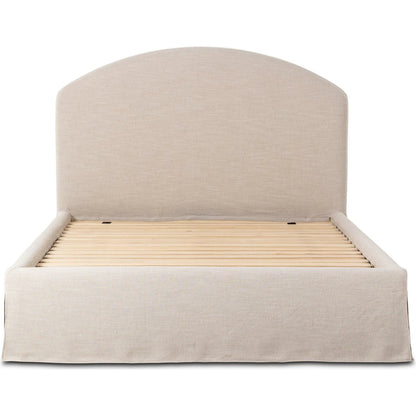 Oasley Slipcover Bed by Four Hands. Made from 61% polyester, 31% viscose (rayon), 8% flax/linen, solid parawood in a unique style.