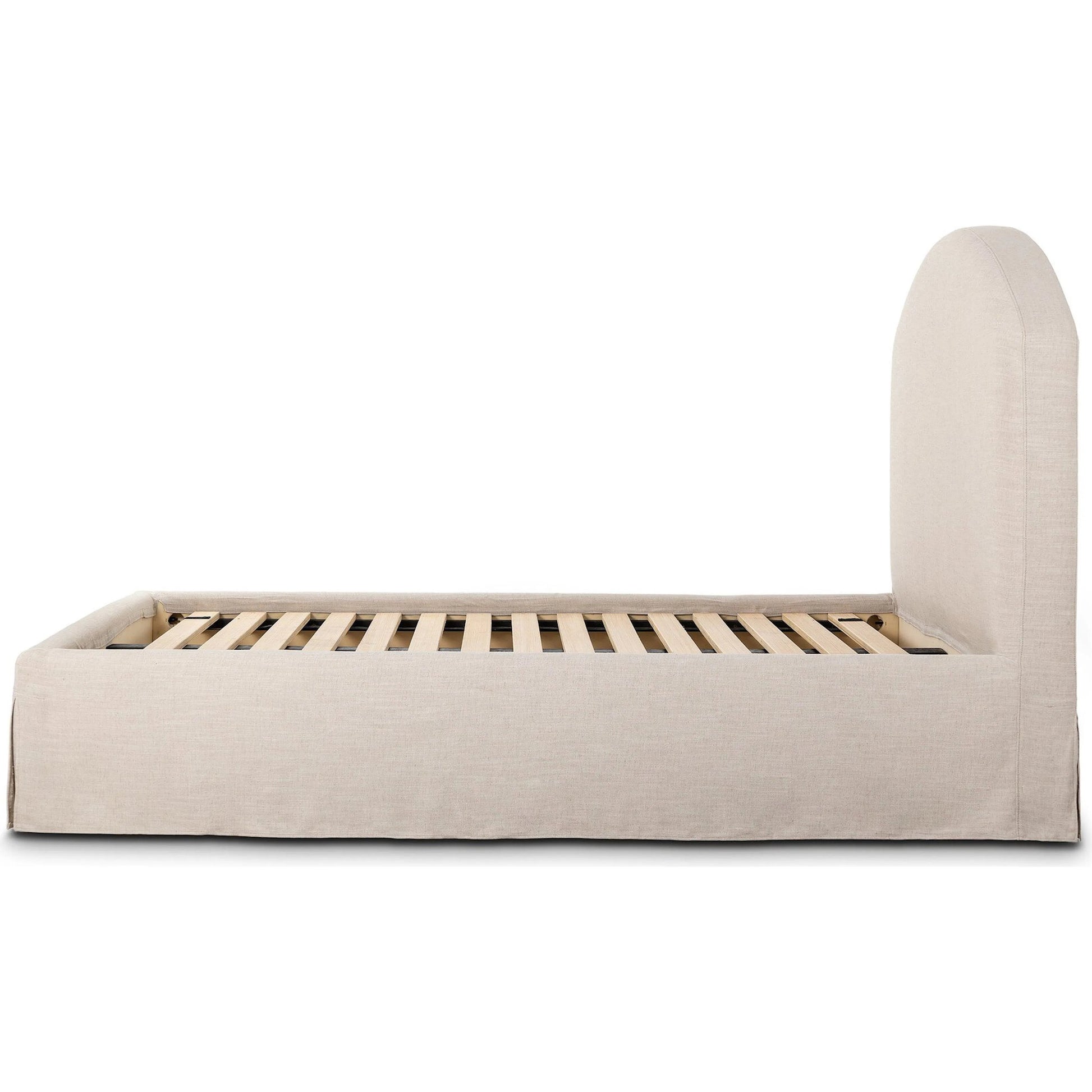 Oasley Slipcover Bed by Four Hands. Made from 61% polyester, 31% viscose (rayon), 8% flax/linen, solid parawood in a unique style.