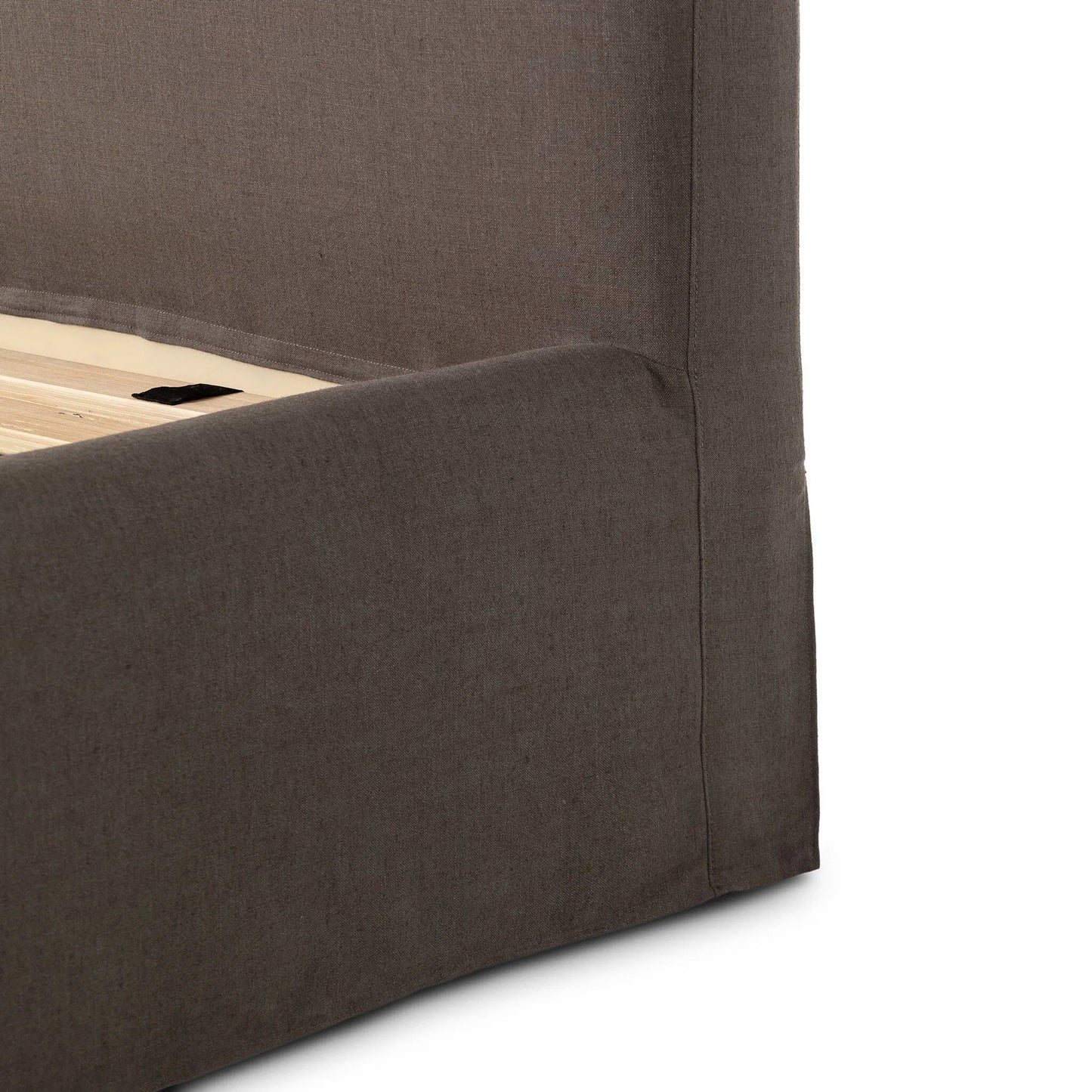 012 SI-2531672,SI-2531674 | Closeup | Oasley Slipcover Bed by Four Hands. Made from 61% polyester, 31% viscose (rayon), 8% flax/linen, solid parawood in a unique style.