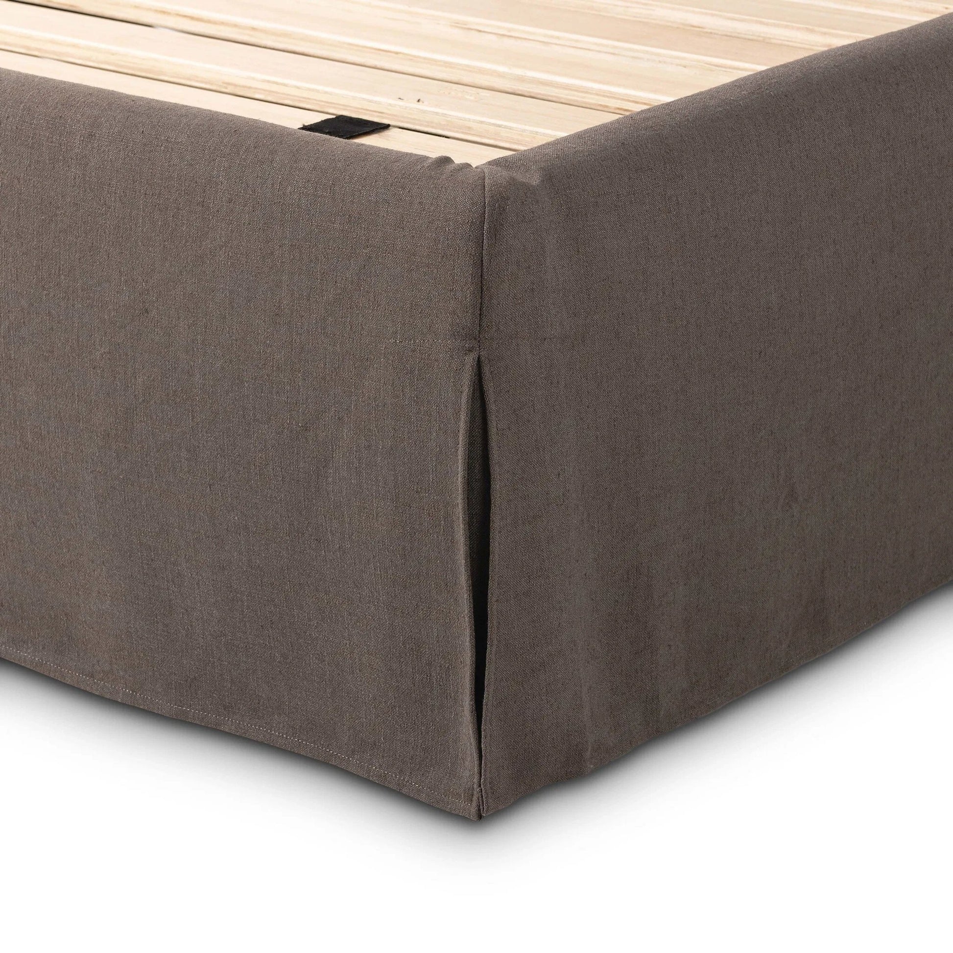 Oasley Slipcover Bed by Four Hands. Made from 61% polyester, 31% viscose (rayon), 8% flax/linen, solid parawood in a unique style.