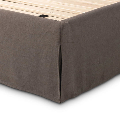 Oasley Slipcover Bed by Four Hands. Made from 61% polyester, 31% viscose (rayon), 8% flax/linen, solid parawood in a unique style.