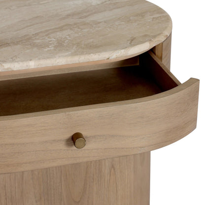 Lando Nightstand by Four Hands in sand marble, sandy sungkai, sandy sungkai veneer. Made from solid marble, solid sungkai, thin sungkai veneer in a unique style.
