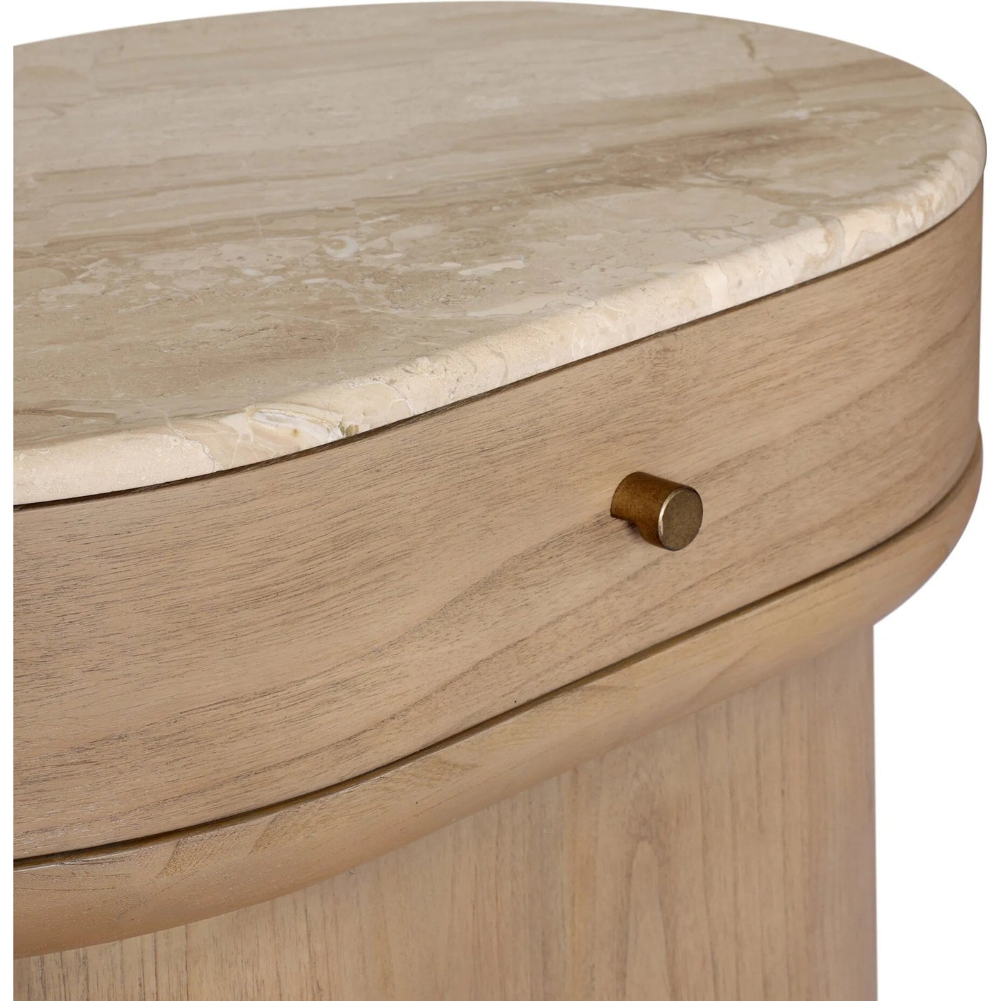 008 SI-2531648 | Closeup | Lando Nightstand by Four Hands in sand marble, sandy sungkai, sandy sungkai veneer. Made from solid marble, solid sungkai, thin sungkai veneer in a unique style.