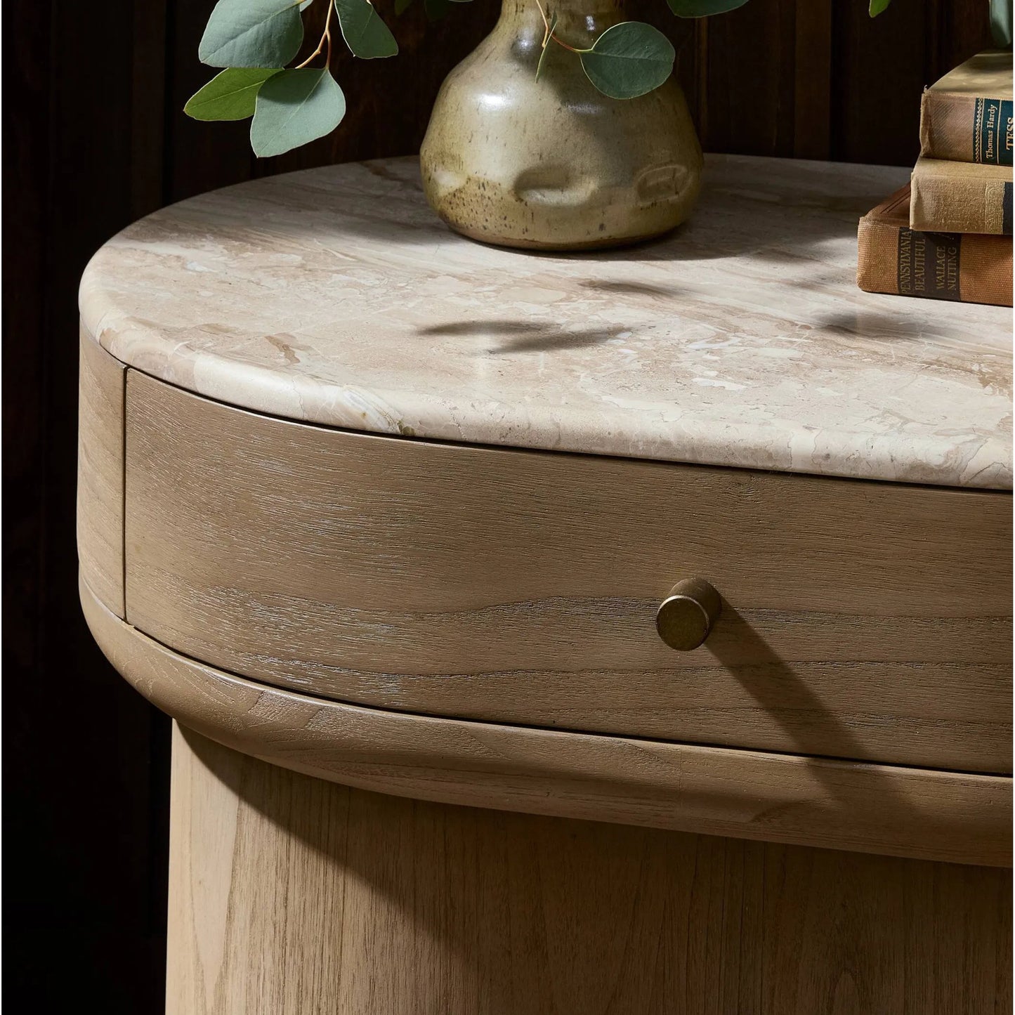 009 SI-2531648 | Closeup | Lando Nightstand by Four Hands in sand marble, sandy sungkai, sandy sungkai veneer. Made from solid marble, solid sungkai, thin sungkai veneer in a unique style.