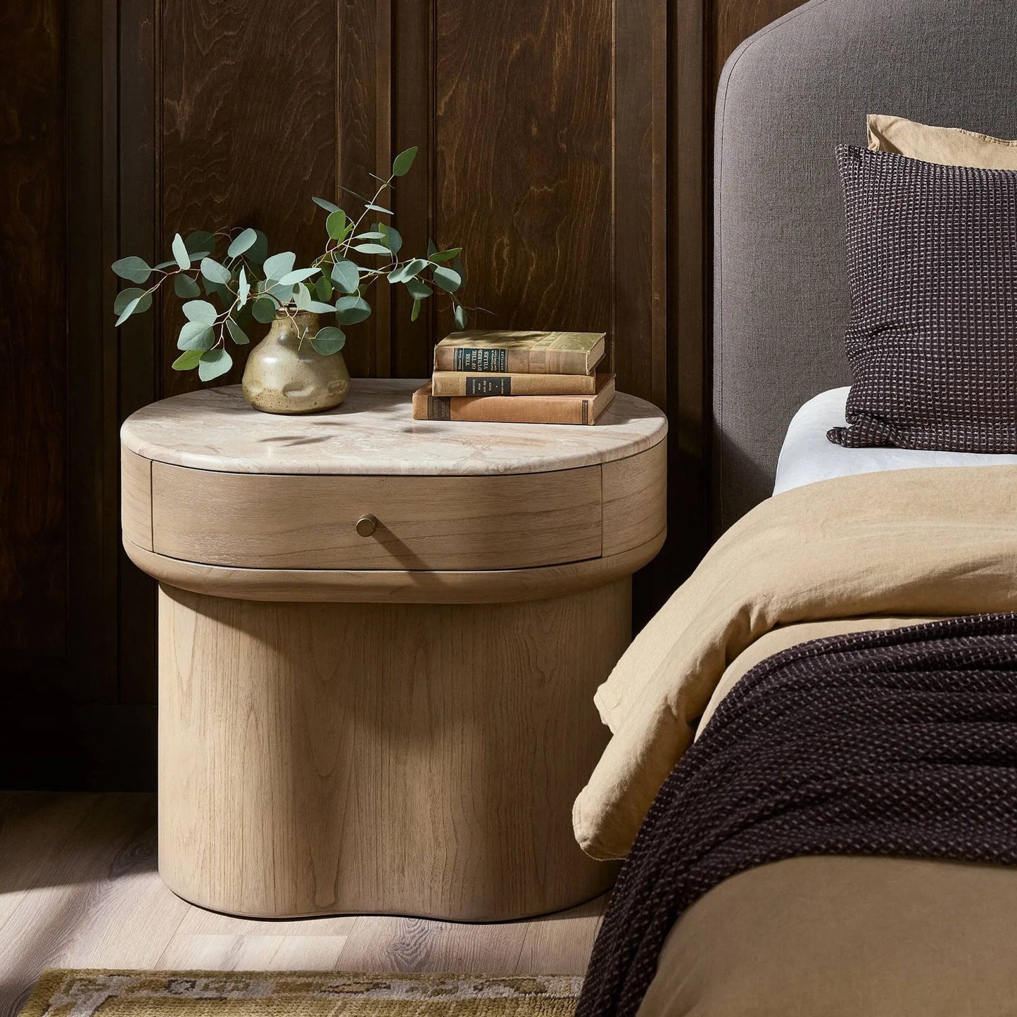 011 SI-2531648 | Lifestyle | Lando Nightstand by Four Hands in sand marble, sandy sungkai, sandy sungkai veneer. Made from solid marble, solid sungkai, thin sungkai veneer in a unique style.