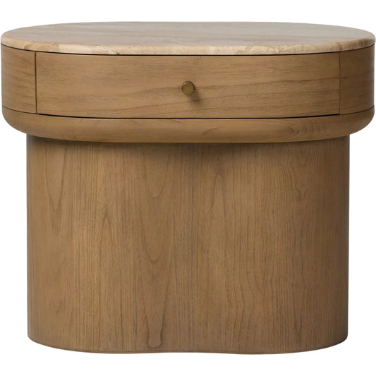 Lando Nightstand by Four Hands in sand marble, sandy sungkai, sandy sungkai veneer. Made from solid marble, solid sungkai, thin sungkai veneer in a unique style.