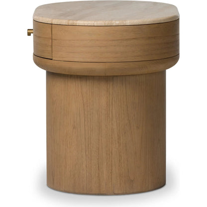 Lando Nightstand by Four Hands in sand marble, sandy sungkai, sandy sungkai veneer. Made from solid marble, solid sungkai, thin sungkai veneer in a unique style.