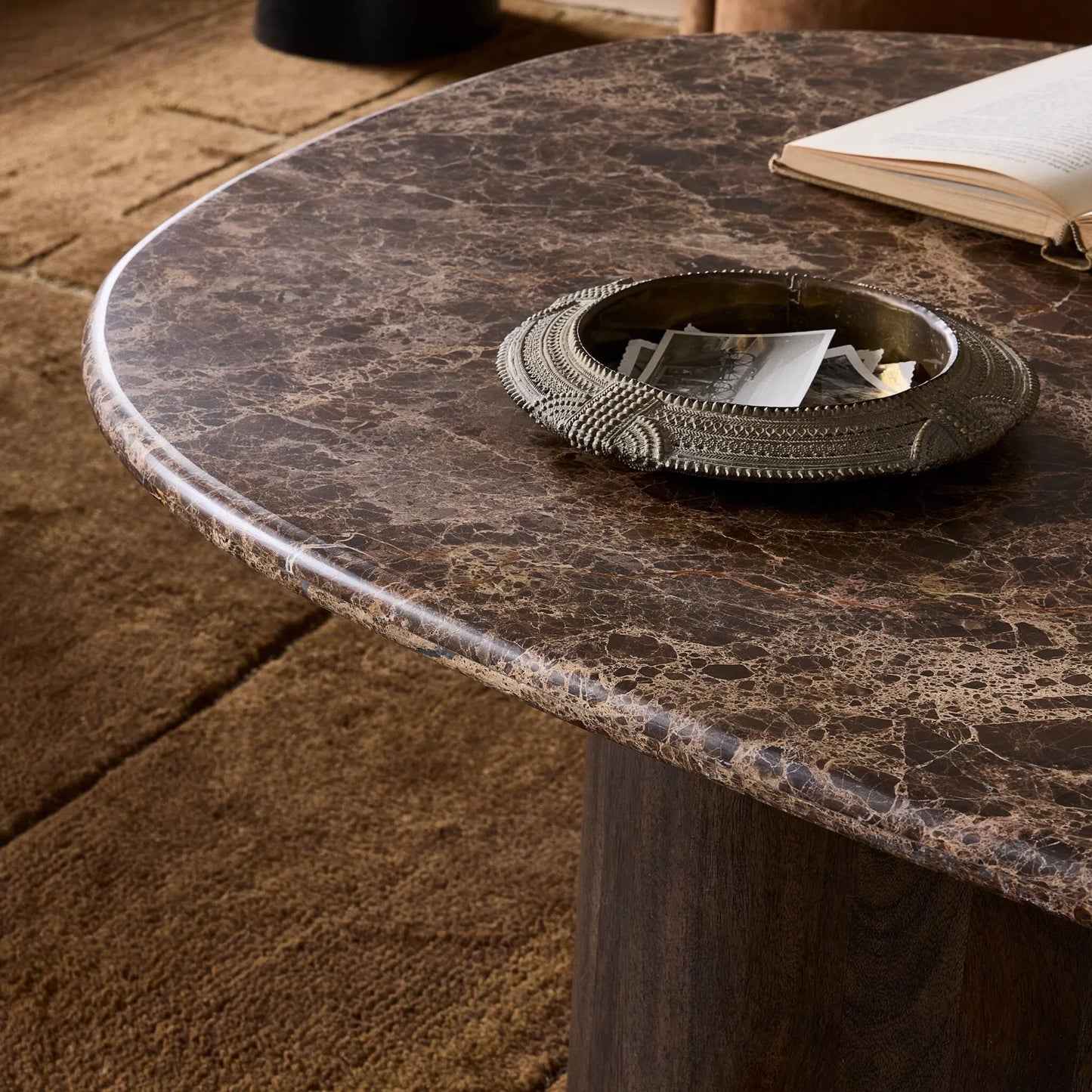 008 SI-2531714 | Closeup | Tori Coffee Table by Four Hands in brown marble. Made from solid marble, solid mango in a unique style.