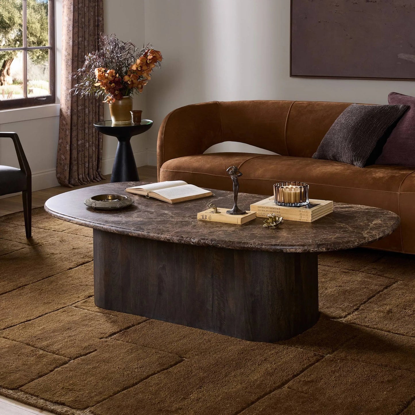 010 SI-2531714 | Lifestyle | Tori Coffee Table by Four Hands in brown marble. Made from solid marble, solid mango in a unique style.