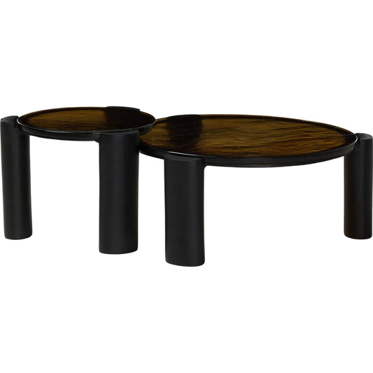 Rover Nesting Table by Four Hands in amber cast glass, black antique. Made from cast glass, aluminum in a unique style.