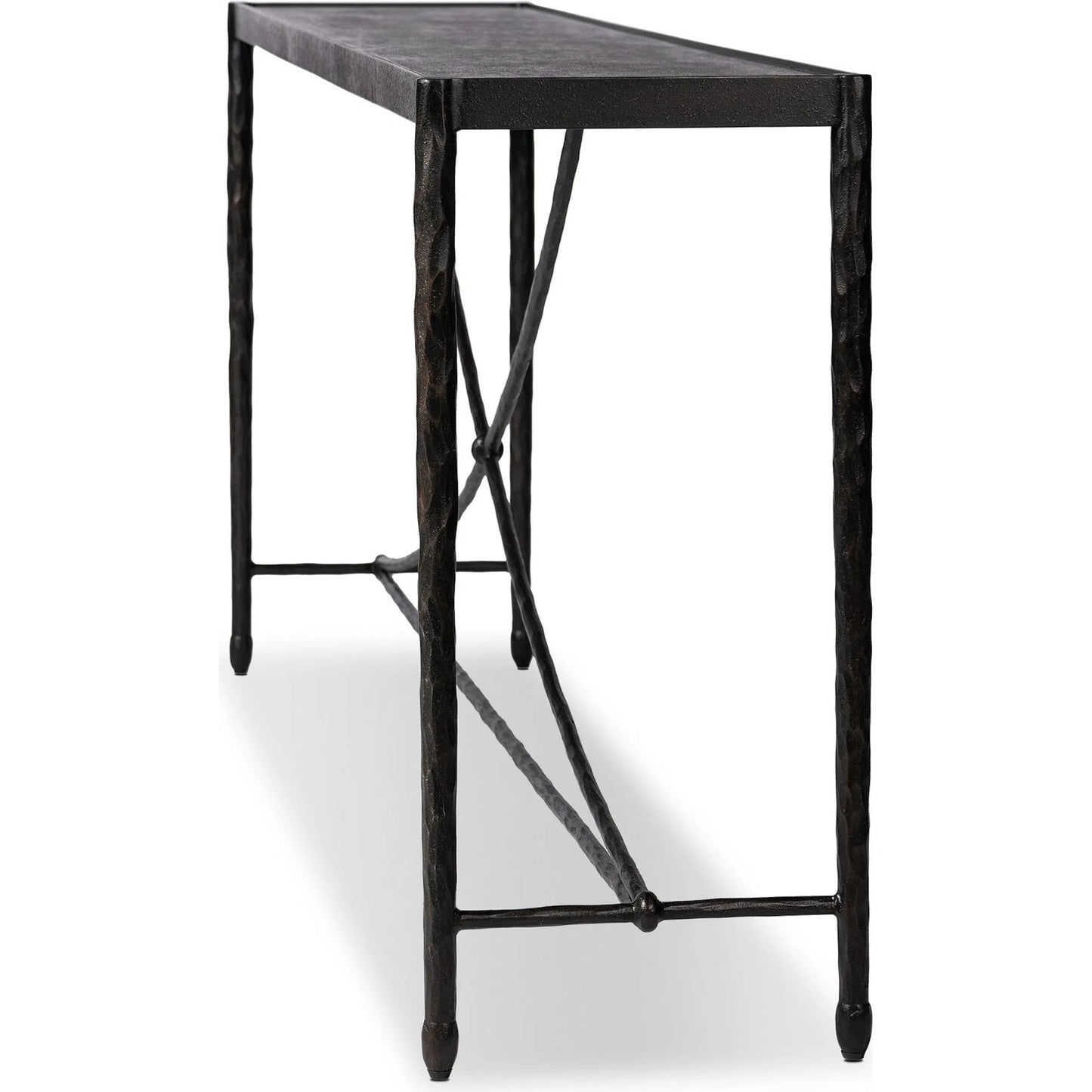 007 SI-2531639 | Closeup | Jade Console Table by Four Hands in textured bronze, hammered bronze. Made from iron in a unique style.