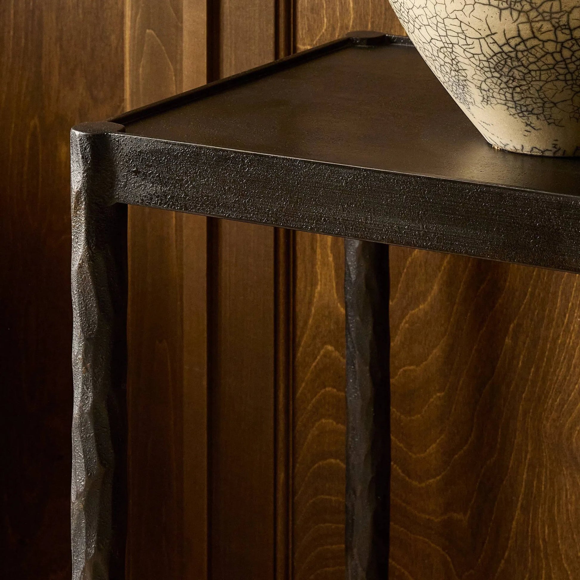 Jade Console Table by Four Hands in textured bronze, hammered bronze. Made from iron in a unique style.