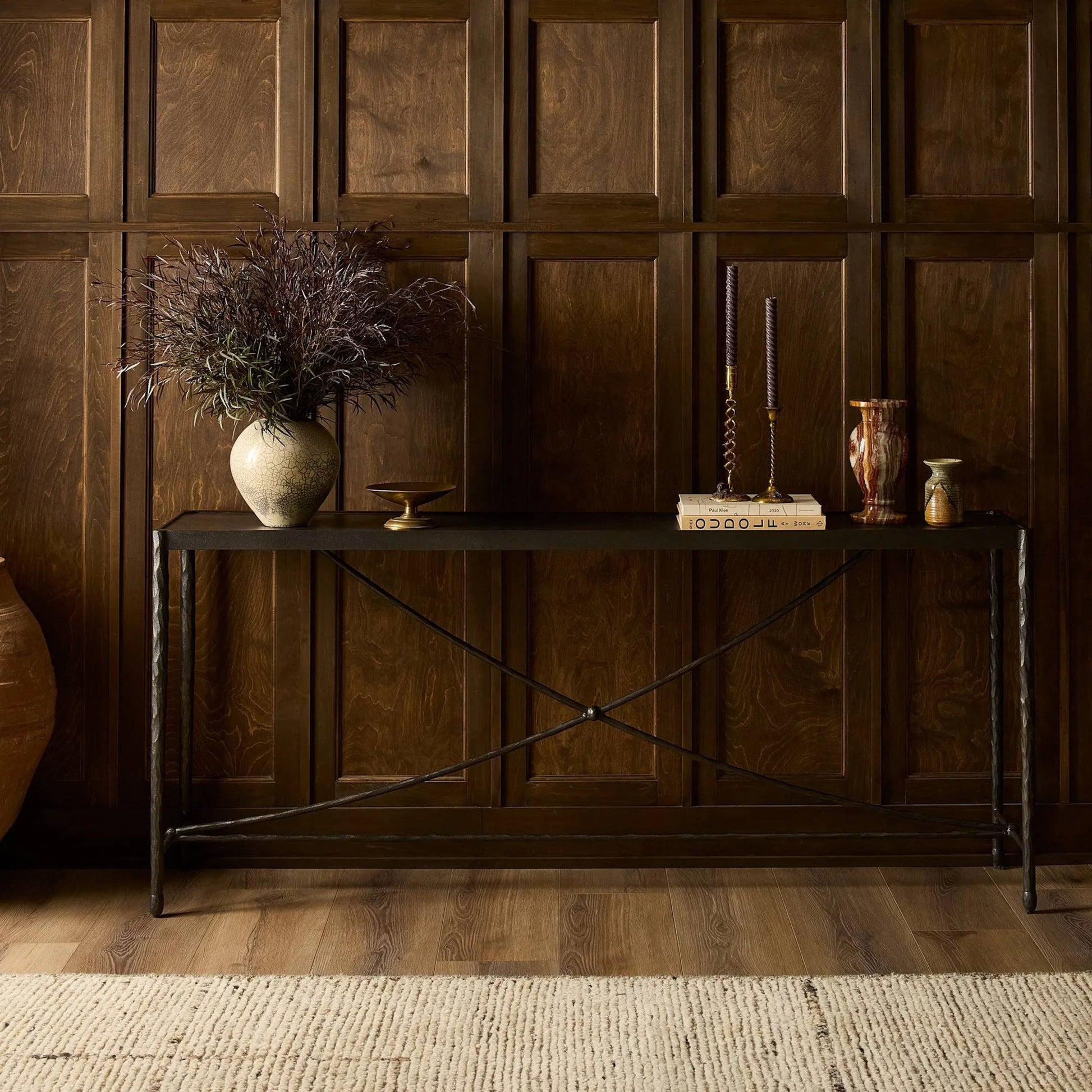 Jade Console Table by Four Hands in textured bronze, hammered bronze. Made from iron in a unique style.
