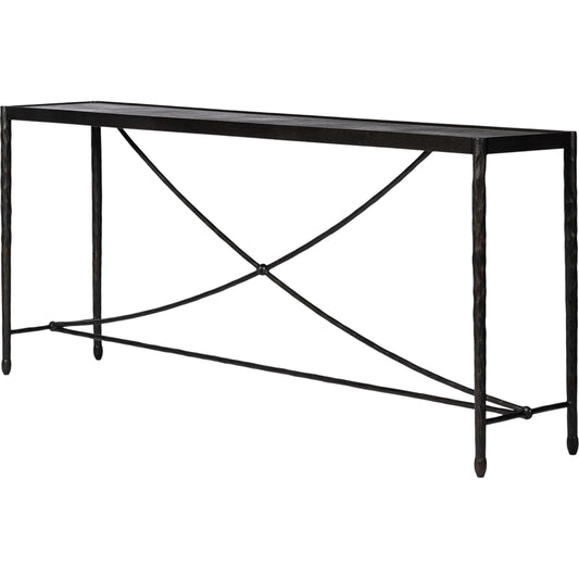 Jade Console Table by Four Hands in textured bronze, hammered bronze. Made from iron in a unique style.