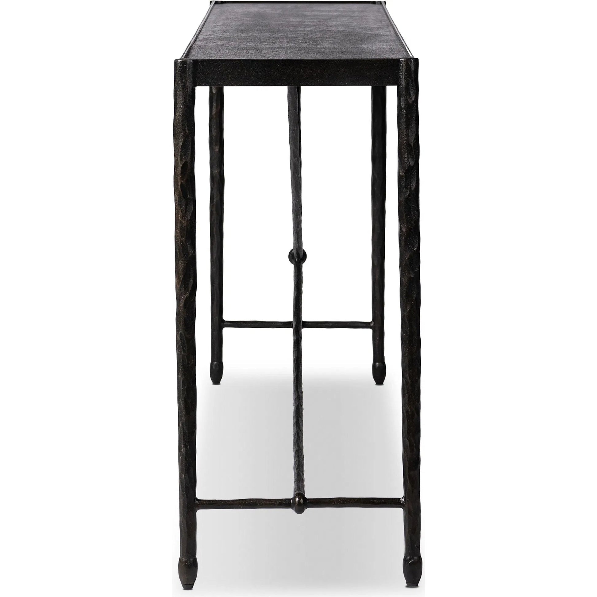 Jade Console Table by Four Hands in textured bronze, hammered bronze. Made from iron in a unique style.