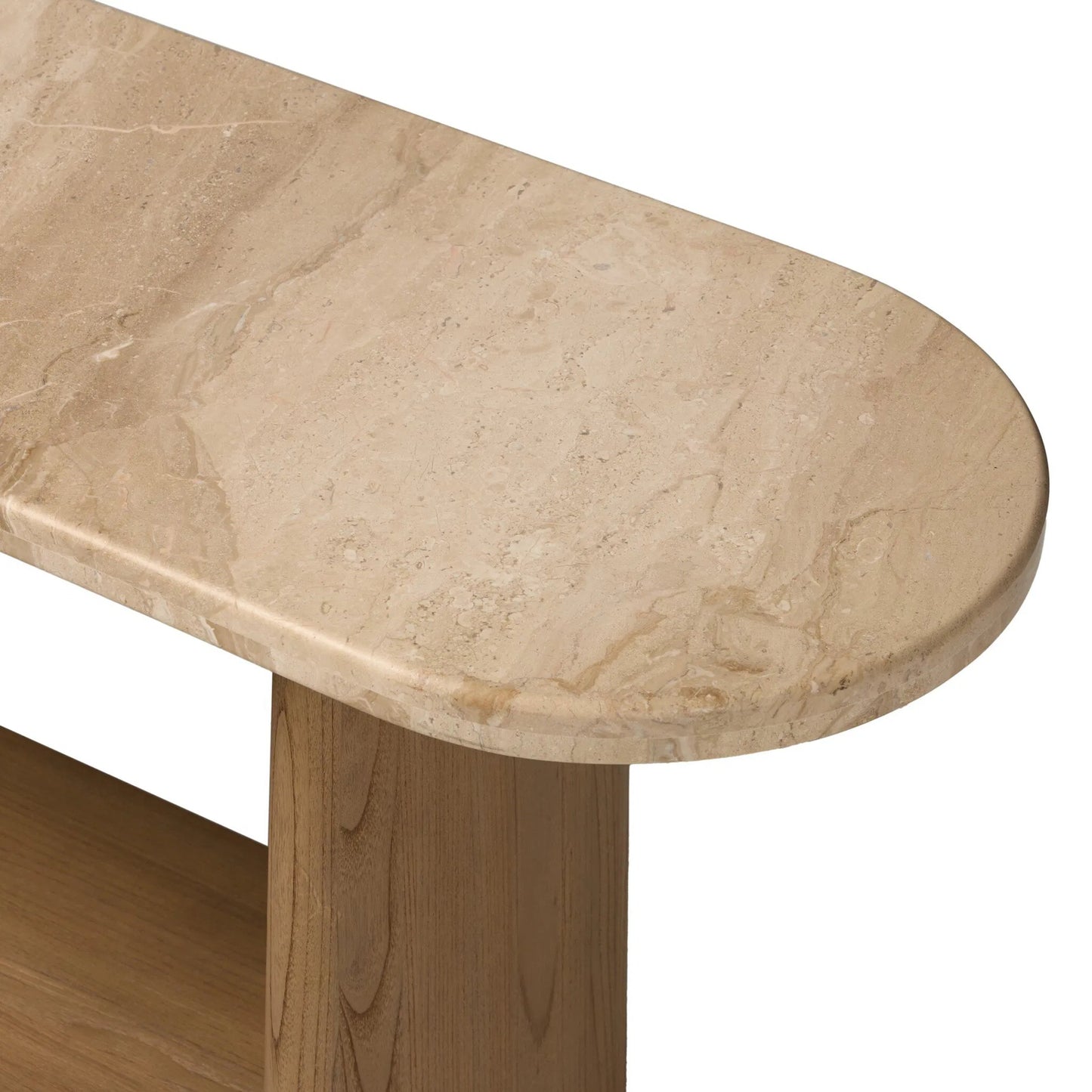006 SI-2531713 | Closeup | Terry Console Table by Four Hands in sand marble, sandy sungkai, sandy sungkai veneer. Made from solid marble, solid sungkai, thin sungkai veneer in a unique style.