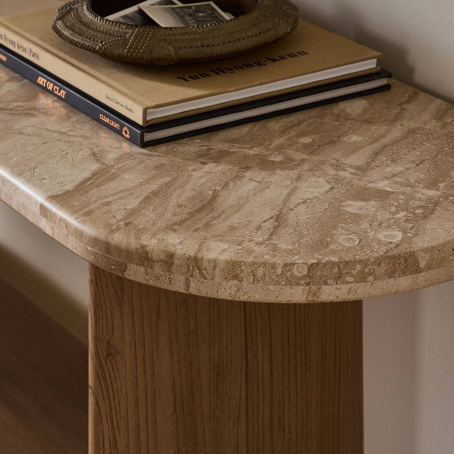 009 SI-2531713 | Closeup | Terry Console Table by Four Hands in sand marble, sandy sungkai, sandy sungkai veneer. Made from solid marble, solid sungkai, thin sungkai veneer in a unique style.
