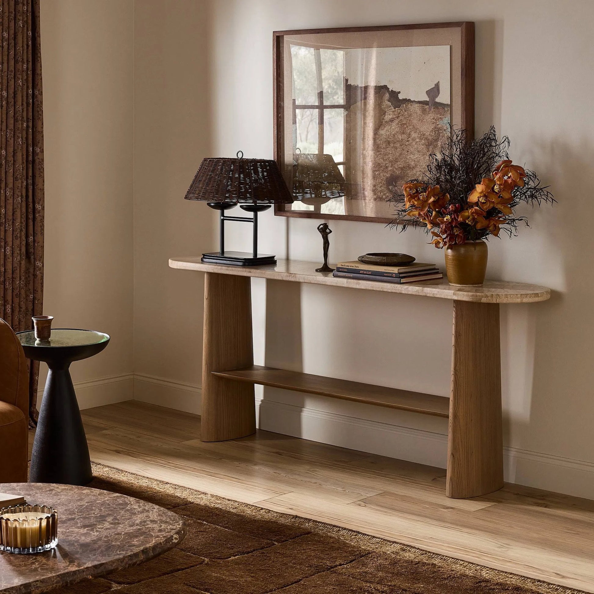 Terry Console Table by Four Hands in sand marble, sandy sungkai, sandy sungkai veneer. Made from solid marble, solid sungkai, thin sungkai veneer in a unique style.