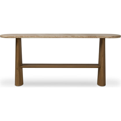 Terry Console Table by Four Hands in sand marble, sandy sungkai, sandy sungkai veneer. Made from solid marble, solid sungkai, thin sungkai veneer in a unique style.