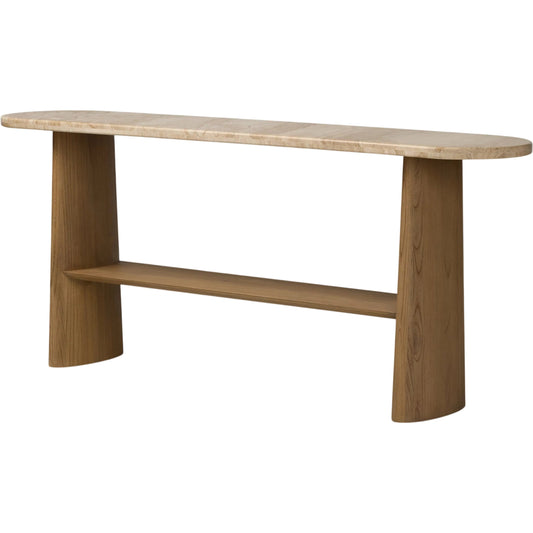 Terry Console Table by Four Hands in sand marble, sandy sungkai, sandy sungkai veneer. Made from solid marble, solid sungkai, thin sungkai veneer in a unique style.