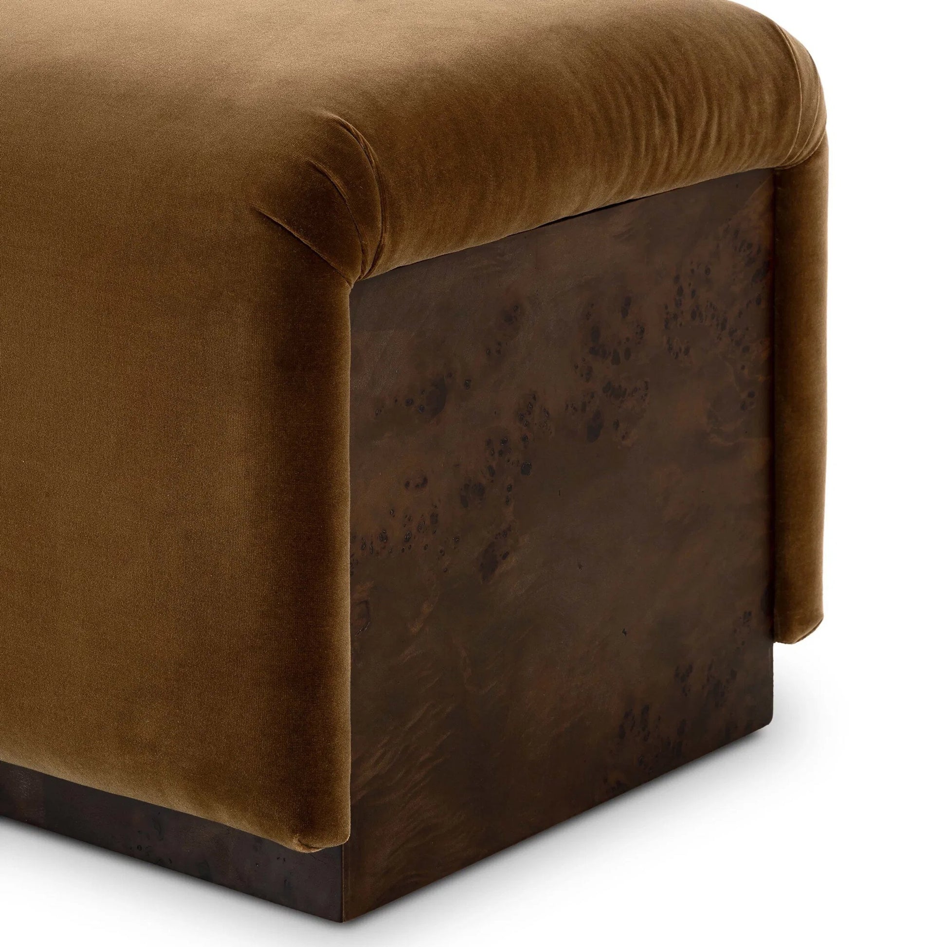 Samsoe Accent Bench by Four Hands in surrey ochre, umber mappa burl. Made from 76.8% cotton, 23.2% polyester, poplar burl veneer in a unique style.