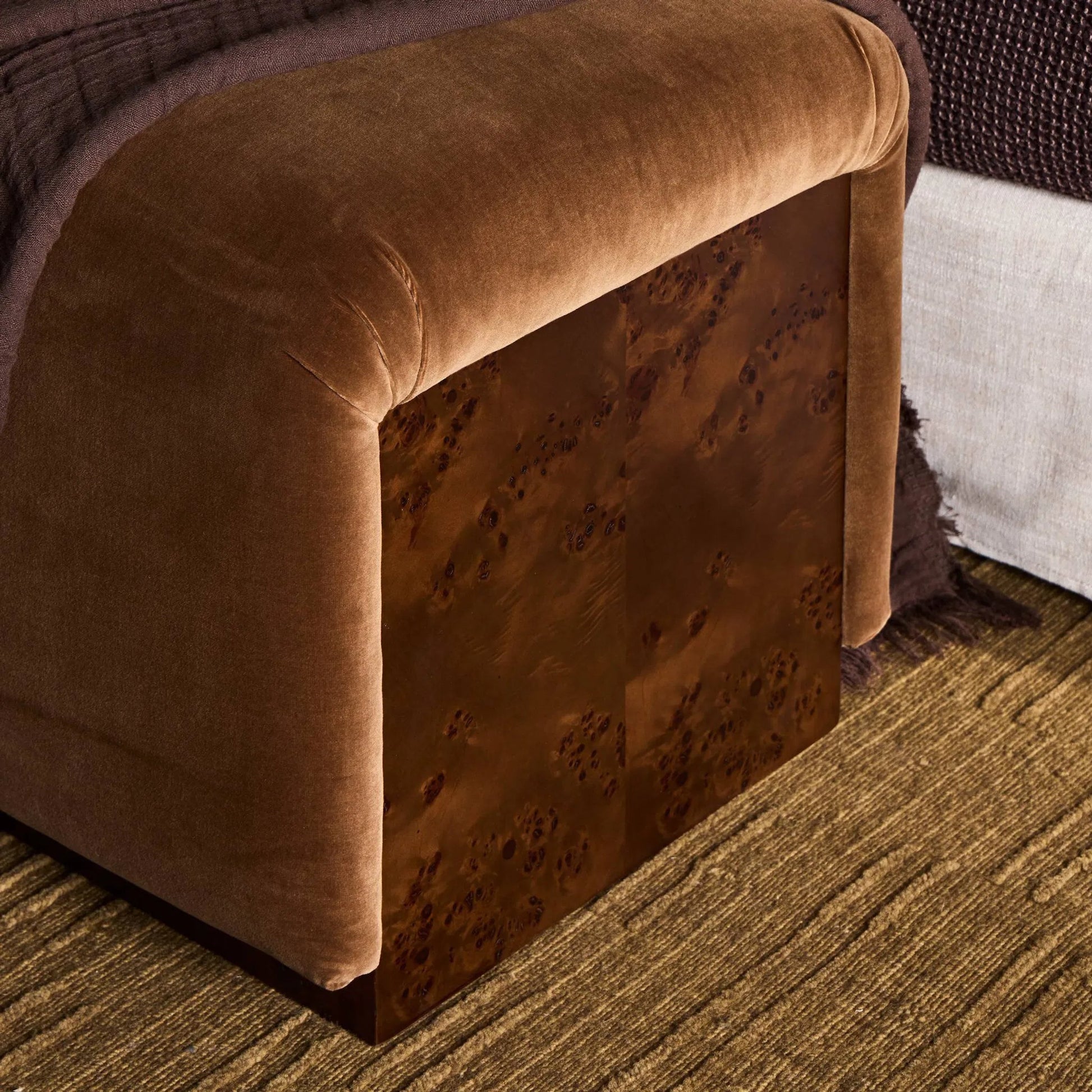 Samsoe Accent Bench by Four Hands in surrey ochre, umber mappa burl. Made from 76.8% cotton, 23.2% polyester, poplar burl veneer in a unique style.