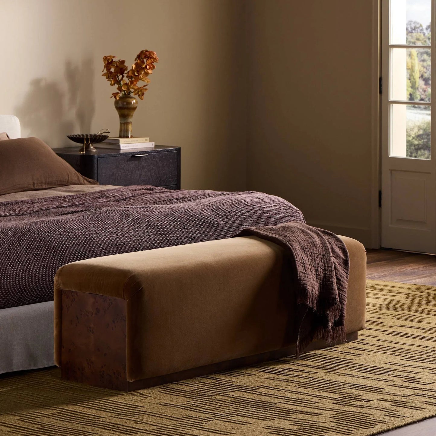 007 SI-2531697 | Lifestyle | Samsoe Accent Bench by Four Hands in surrey ochre, umber mappa burl. Made from 76.8% cotton, 23.2% polyester, poplar burl veneer in a unique style.