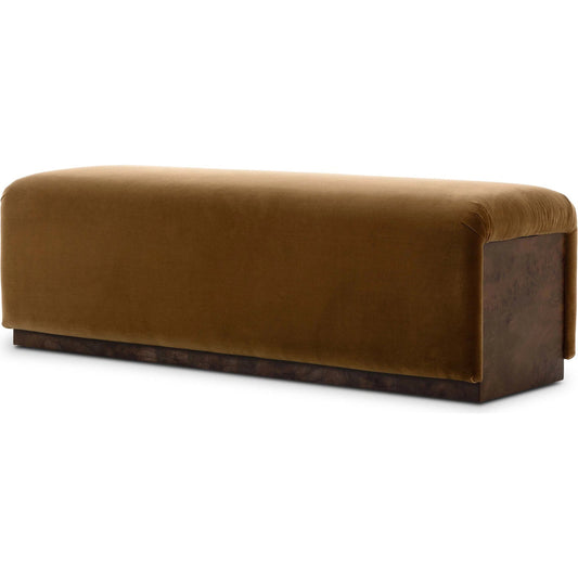 Samsoe Accent Bench by Four Hands in surrey ochre, umber mappa burl. Made from 76.8% cotton, 23.2% polyester, poplar burl veneer in a unique style.