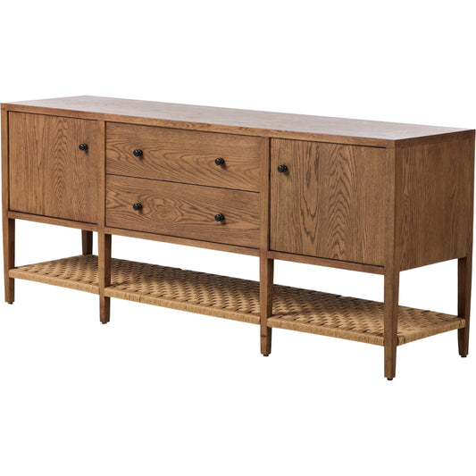 Kenzo Media Console by Four Hands in warm natural oak veneer, natural paper cord. Made from thick oak veneer, rush, solid oak in a unique style.