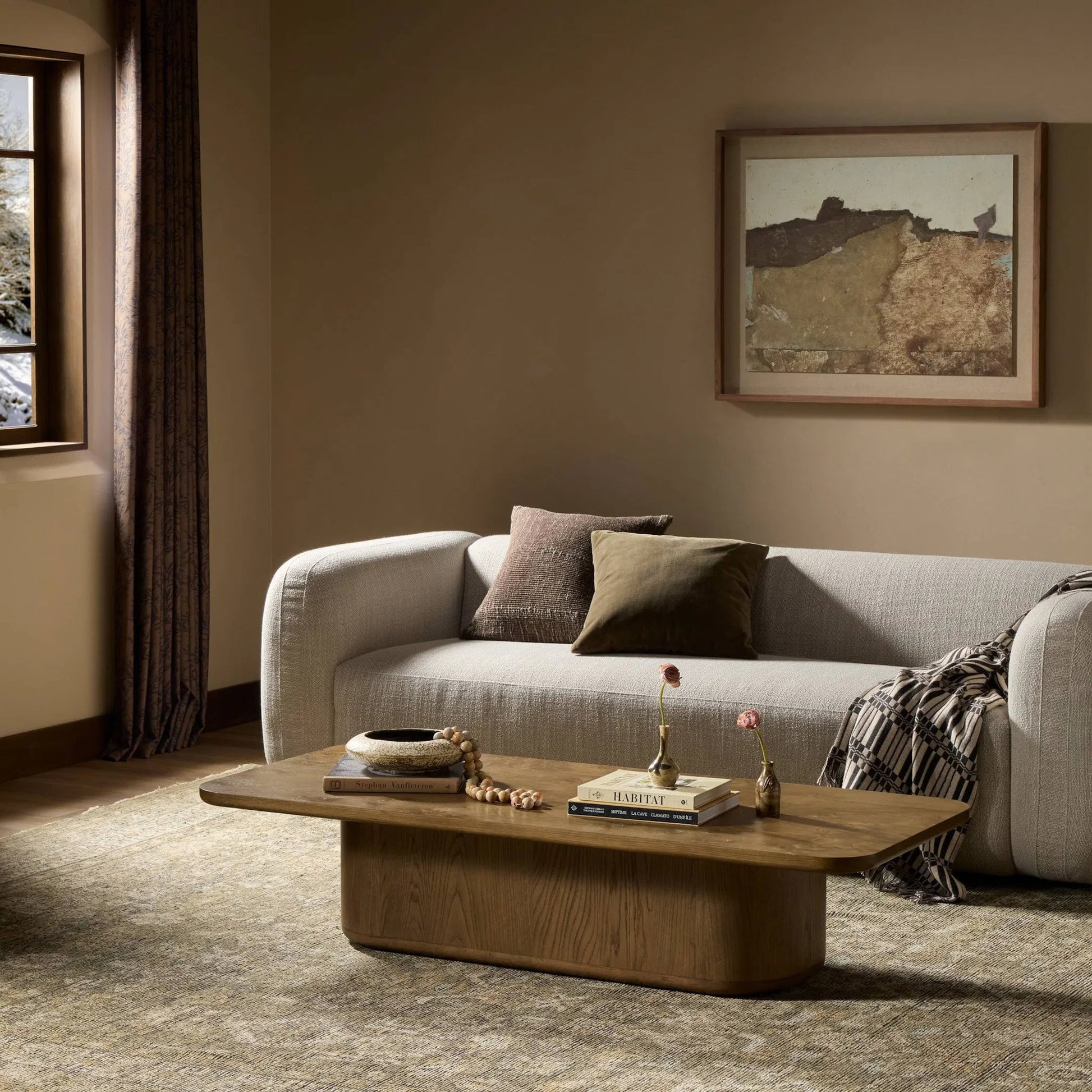 Morley Coffee Table by Four Hands in rye medium burl oak veneer, rye oak veneer. Made from oak veneer, solid oak in a unique style.